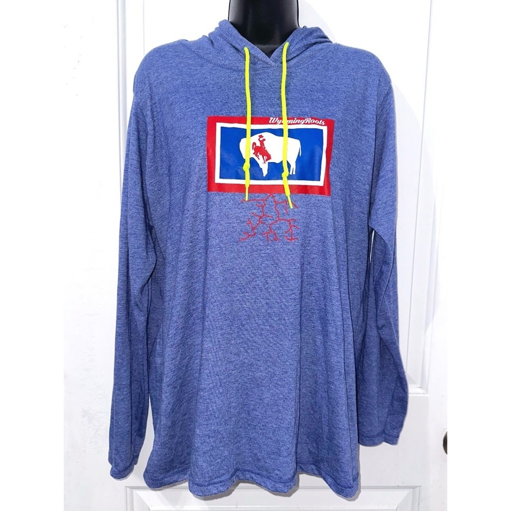 Wyoming Roots blue hooded long sleeve shirt